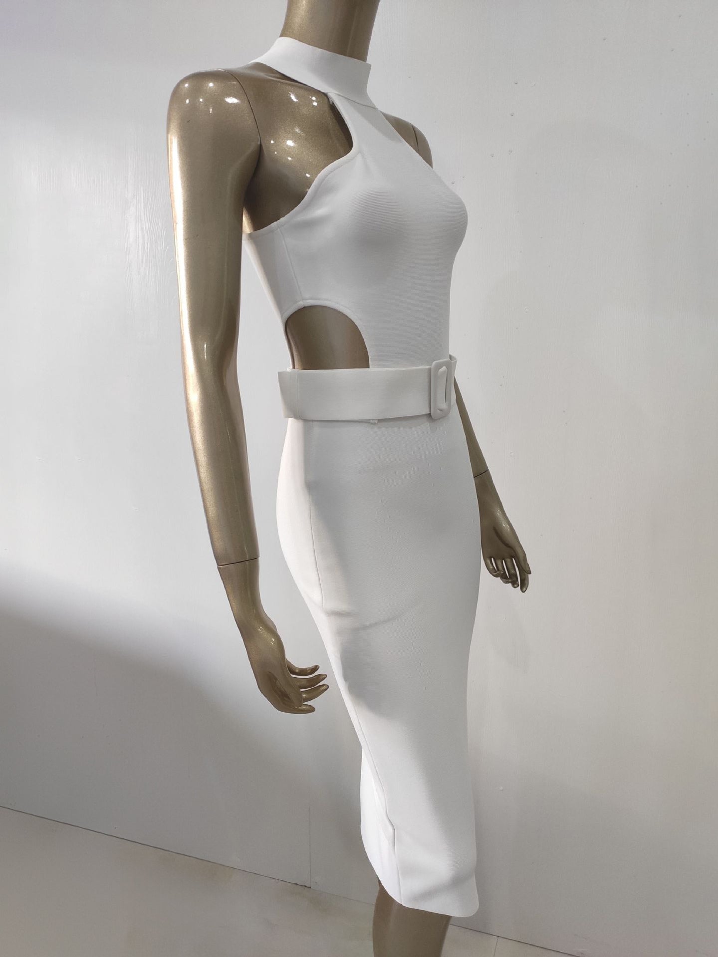 Textured Bodycon Dress Halter Sleeveless Cutout Velted Party Midi Dresses