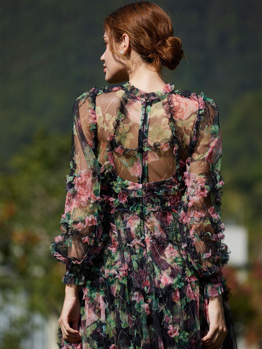 Floral Dress Illusion Neck And Sleeves High Collar Teried Party Maxi Dresses