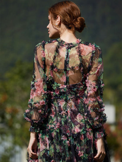 Floral Dress Illusion Neck And Sleeves High Collar Teried Party Maxi Dresses