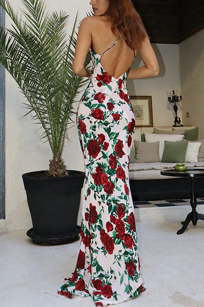 Spaghetti Strap Open Back Floral Print Maxi Dress