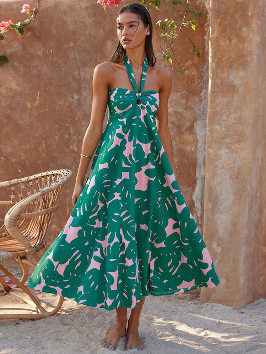Halter Dress A-Line Printed Pleated Open Back Vacation Casual Midi Dresses