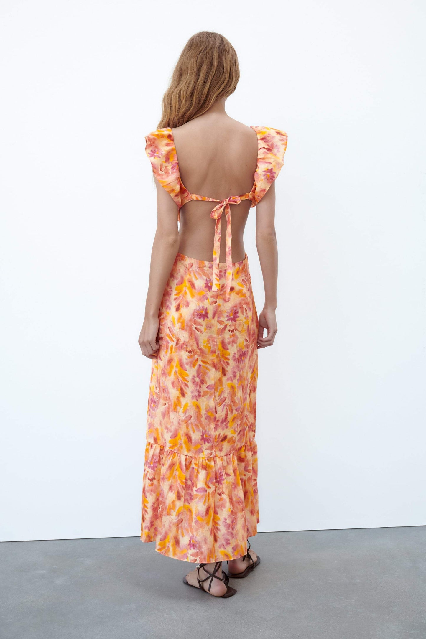 Floral Cross Strap Ruffle Hem Midi Dress