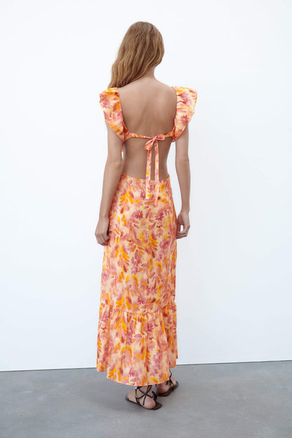 Floral Cross Strap Ruffle Hem Midi Dress