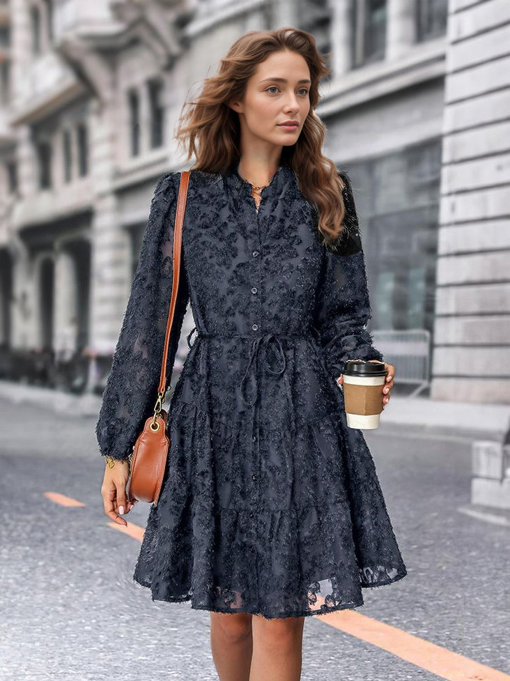 Floral Dress Midi Dress Long Sleeves Jewel Neck Classic Sash Medium Fall