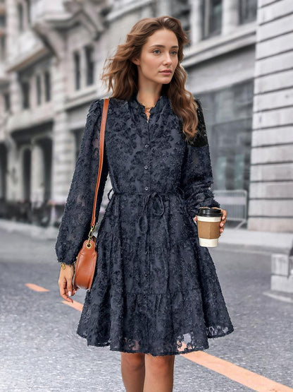 Floral Dress Midi Dress Long Sleeves Jewel Neck Classic Sash Medium Fall