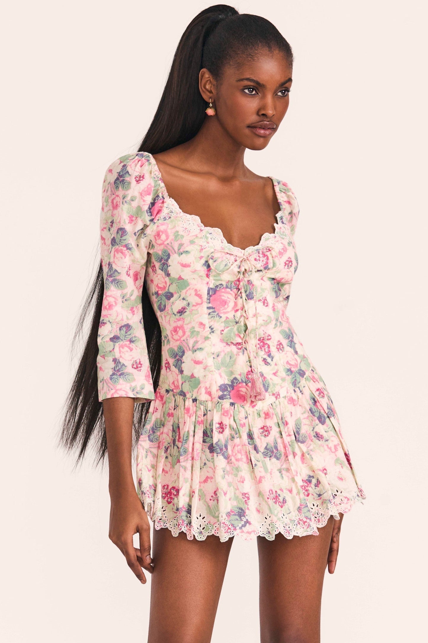 Floral Mid Sleeve Lace Up Ruffle Mini Dress