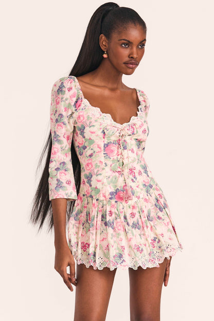 Floral Mid Sleeve Lace Up Ruffle Mini Dress