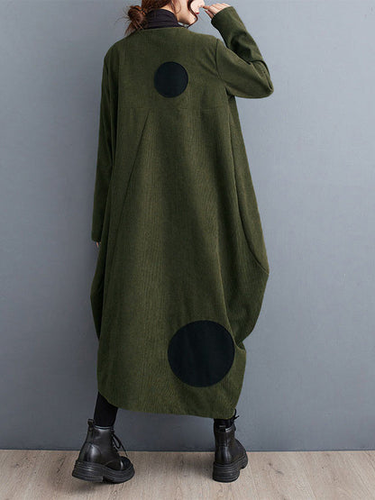 Long Sleeves Loose Asymmetric Pleated Polka-Dot Split-Joint Zipper High-neck Midi Dresses Outerwear