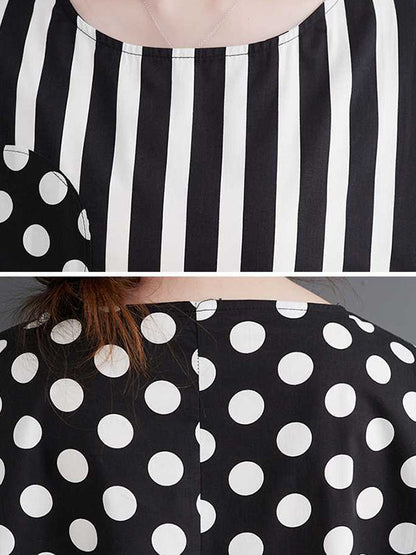Loose Short Sleeves Polka-Dot Striped Round-Neck Midi Dresses