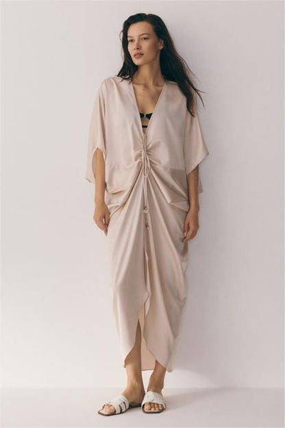 Satin V-Neck Drawstring Midi Dress
