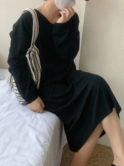 Long Sleeves Loose Solid Color V-Neck Midi Dresses Sweater Dresses