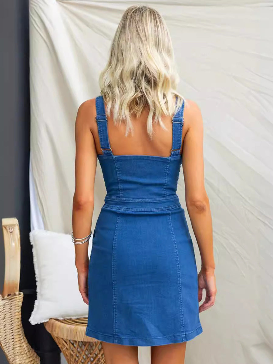 Blue Bodycon Dresses U-Neck Backless Zipper Casual Summer Mini Dress