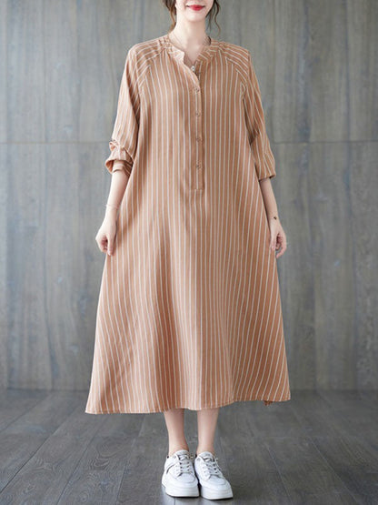 Long Sleeves Loose Buttoned Split-Side Striped Round-Neck Midi Dresses Shirt Dress