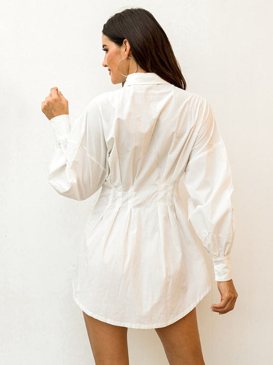 Dresses Shirt Dresses Midi Dress White Turndown Collar Long Sleeves