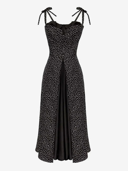 Summer Midi Dress Yellow Straps Neck Bows Polka Dot Beach Dress