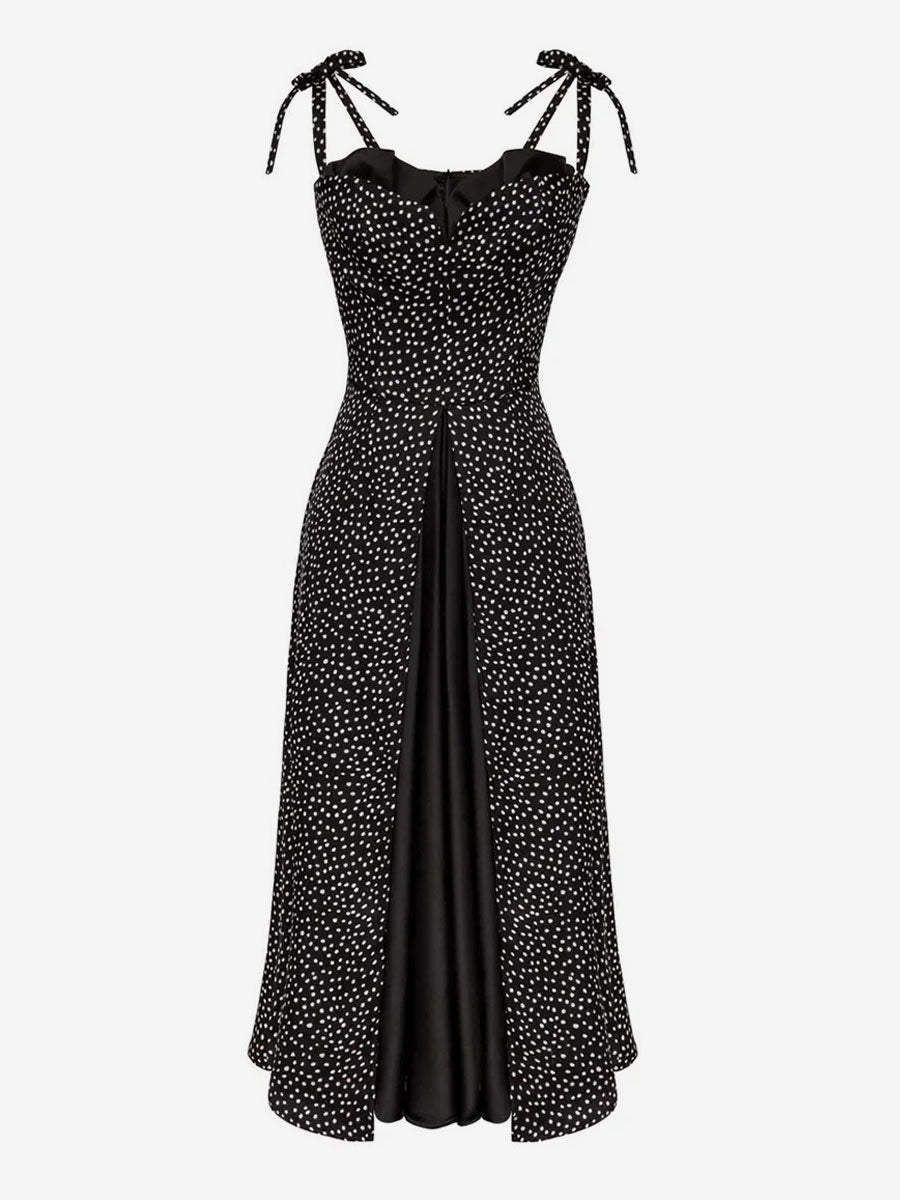 Summer Midi Dress Yellow Straps Neck Bows Polka Dot Beach Dress