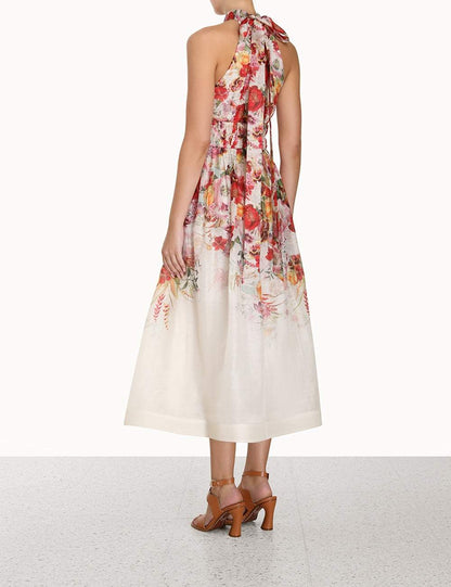Floral Sleeveless Pleated Halter Neck Midi Dress