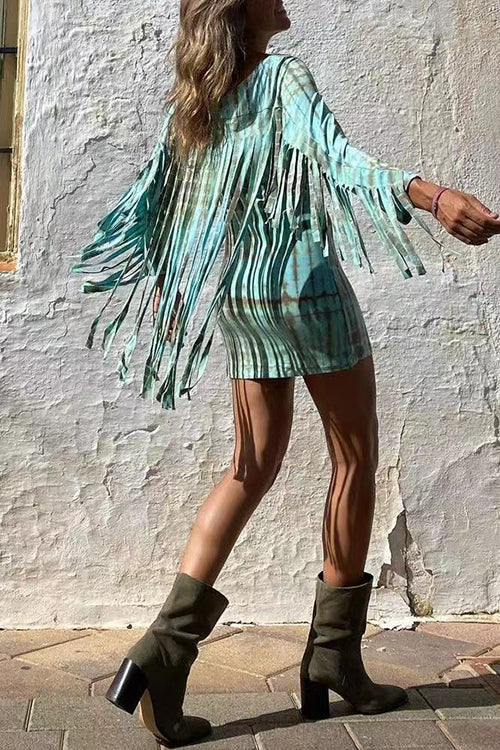 Tie Dye Long Sleeves Tassle Mini Dress