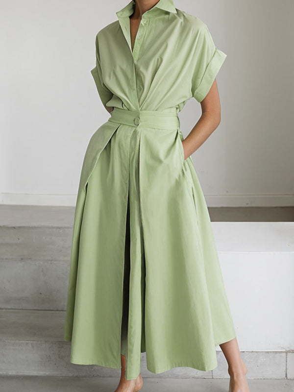 A-Line High Waisted Buttoned Pleated Pockets Solid Color Stand Collar Midi Dresses Shirt Dress