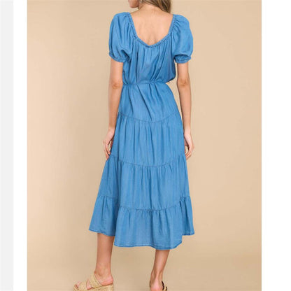 Solid Color Thin Waist Denim Maxi Dress in Blue
