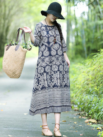 Vintage Cotton Blend Printing Midi Dresses