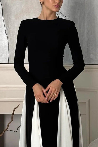 Long Sleeves Color Block Swing Maxi Dress
