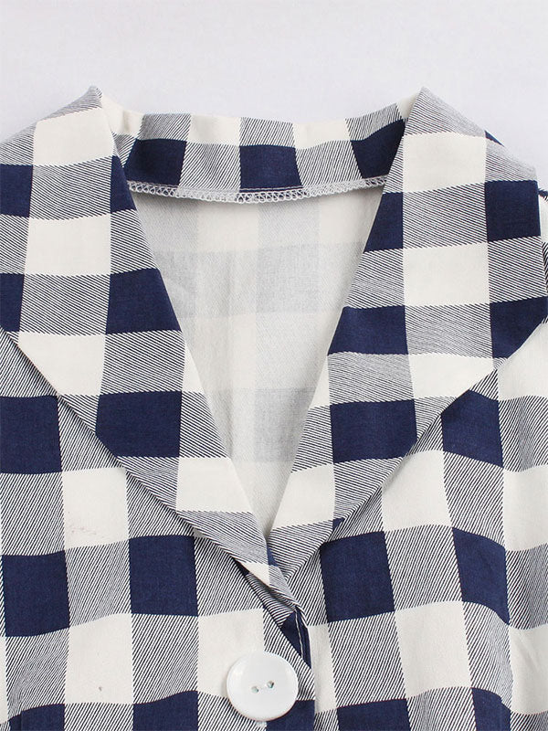 White Vintage Dresses V Neck Short Sleeve Checkered A Line Midi Dress For Women