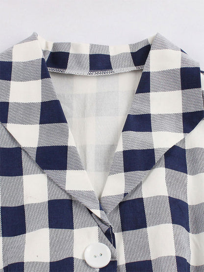 White Vintage Dresses V Neck Short Sleeve Checkered A Line Midi Dress For Women