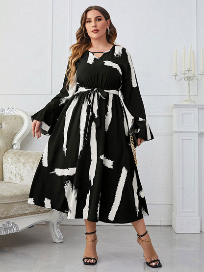 Plus Size Dress Long Sleeves V-Neck Belted Knotted Casual Midi Dresses