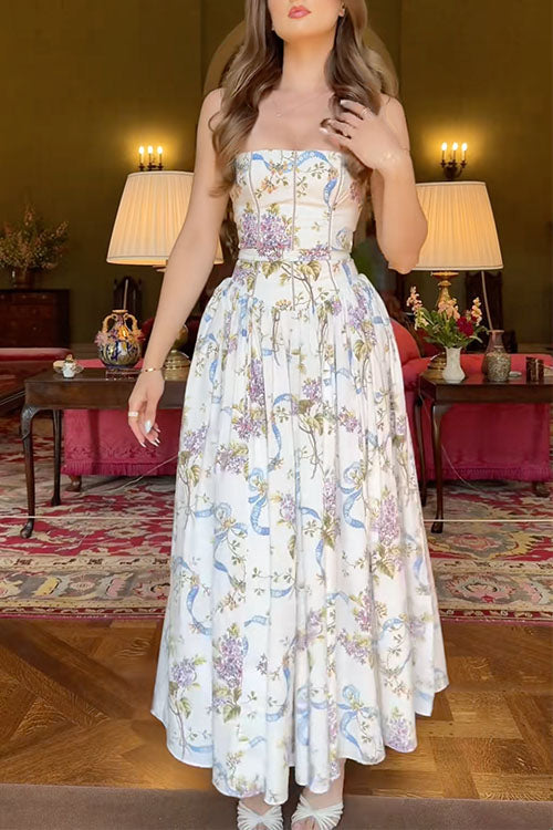 Spaghetti Strap Floral Print Bustier A-line Maxi Dress