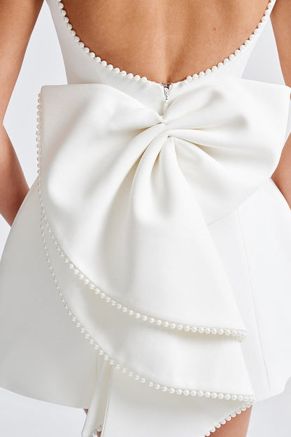 Pearl Trim Deep Scoop Back Oversized Bow Mini Dress