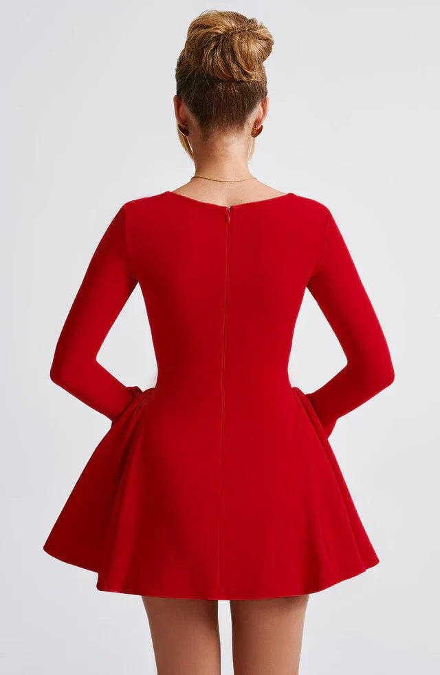 Square Neck Sweetheart Bow Front Long Sleeve Fit and Flare Mini Dress