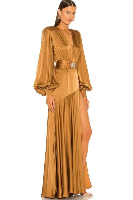 Lantern Sleeve V-Neck Slit Maxi Dress Yellow