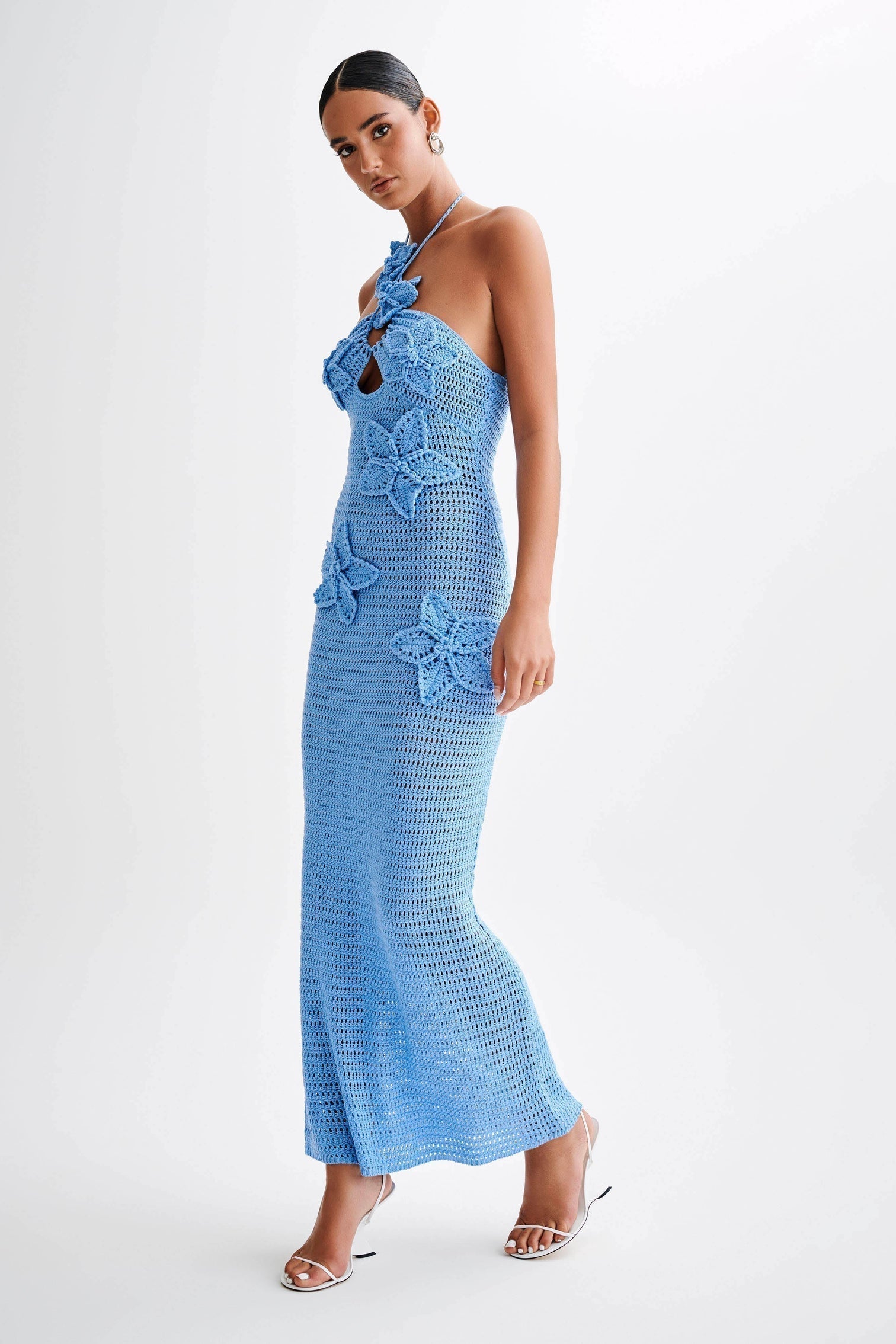 Crochet Floral Appliqué Asymmetric Halter Keyhole Cutout Bodycon Midi Dress