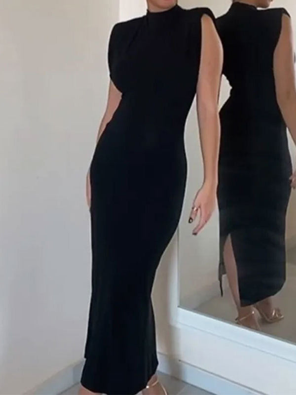 Plus Size Skinny Solid Color Zipper Mock Neck Midi Dresses