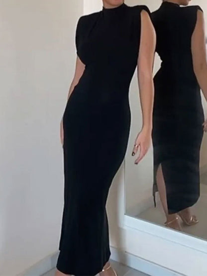Plus Size Skinny Solid Color Zipper Mock Neck Midi Dresses