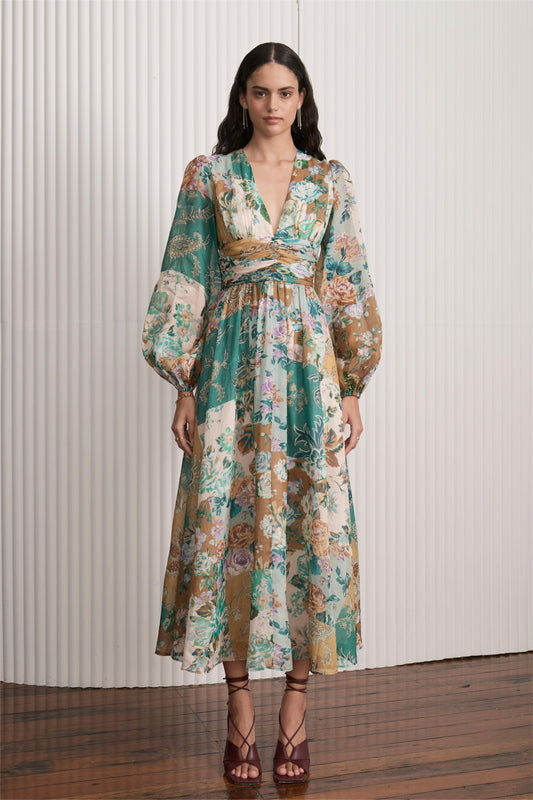 Printed Long Sleeve V-Neck Midi Dress