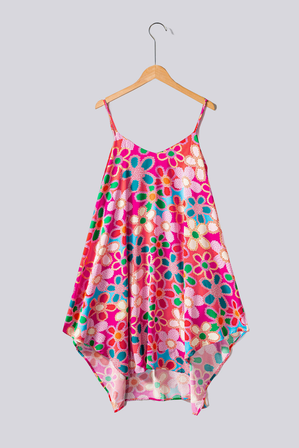 Pink Floral Print Spaghetti STraps Flowy Midi Dress