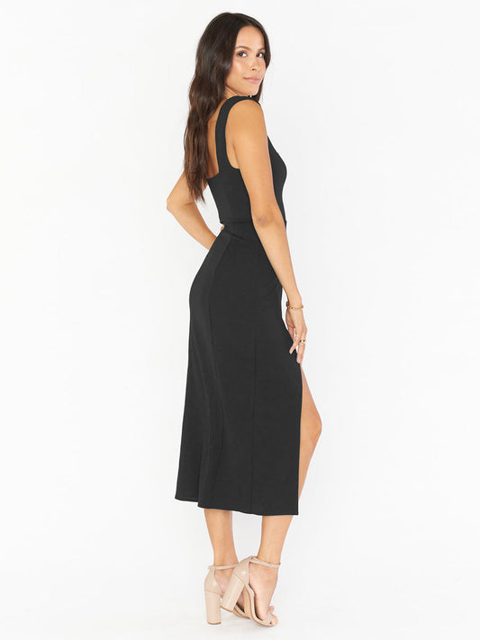 Split Front Low-slit Casual Square Neck Sleeveless Midi Dress