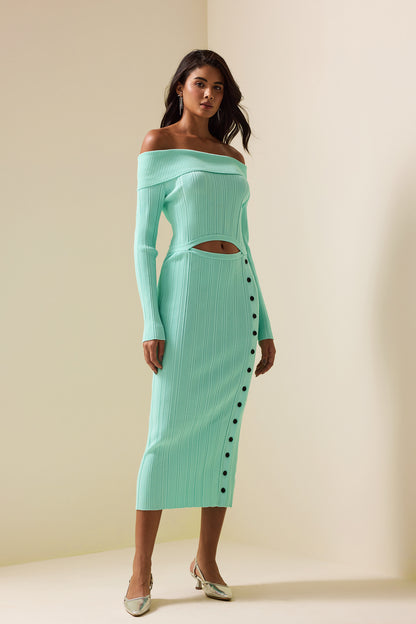 Knit Solid Cut-Out Long Sleeve Midi Dress