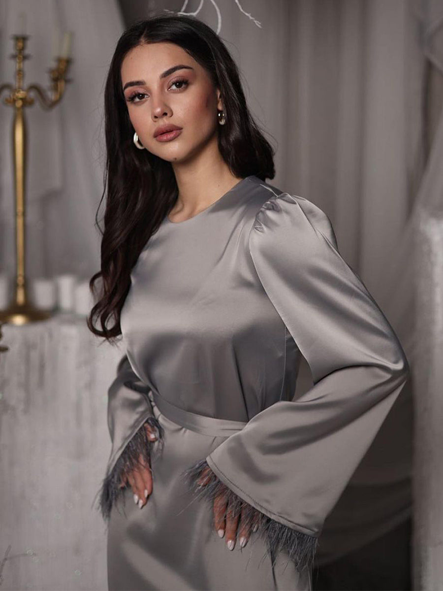 Satin Long Dress Feather Sleeves Belted Classic Party Maxi Dresses