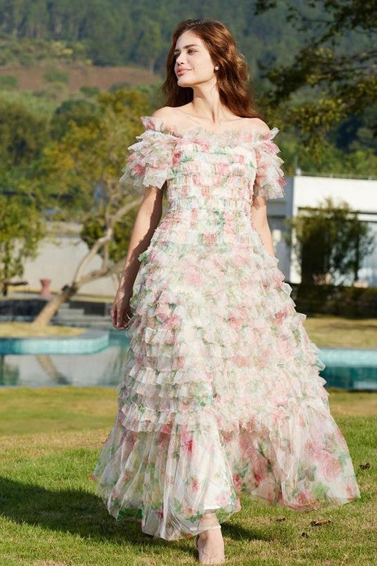 Floral Frill Off-Shoulder Midi Dress
