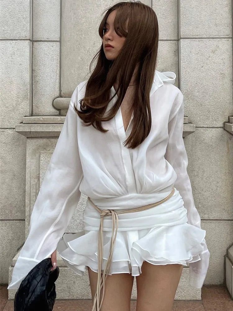 TARUXY New White Chiffon Dress For Women Casual Ruffled Pleated Mini Dress See-through Loose Oversized Shirt Dress Cover-Up 2024