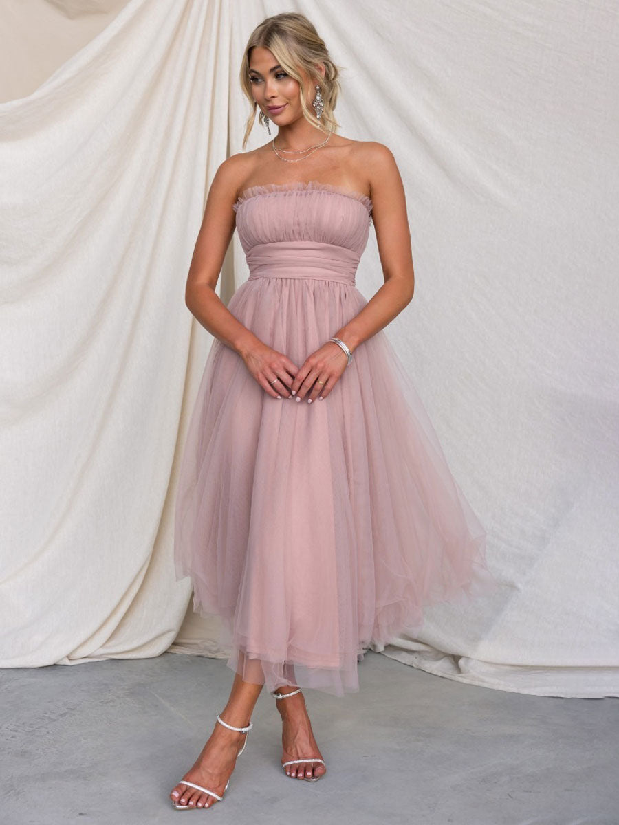 Tulle Dresses Strapless Pleated Off The Shoulder Layered Prom Midi Dress