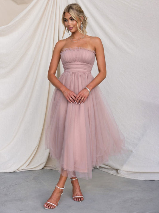 Tulle Dresses Strapless Pleated Off The Shoulder Layered Prom Midi Dress
