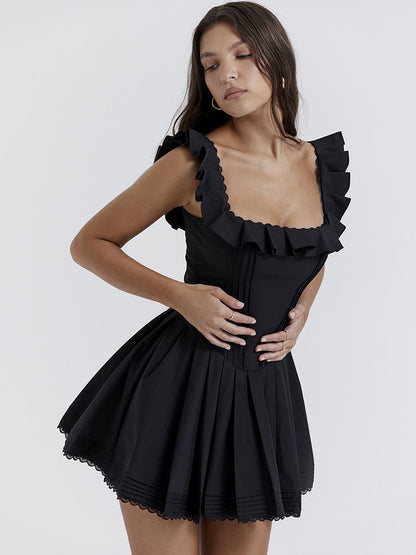 Little Black Dress Ruffles Square Neck Backless Graduation Party Mini Dresses