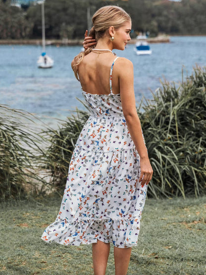 Summer Midi Dress White V-Neck Animal Print Beach Dress