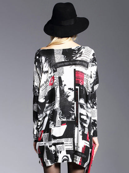 Urban Loose One-Shoulder Printed Split-Joint Sweater