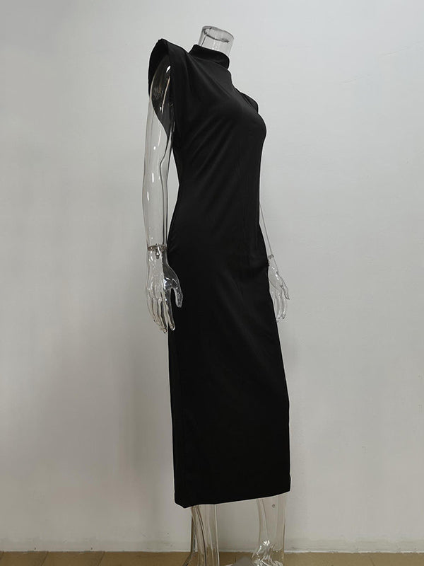 Plus Size Skinny Solid Color Zipper Mock Neck Midi Dresses