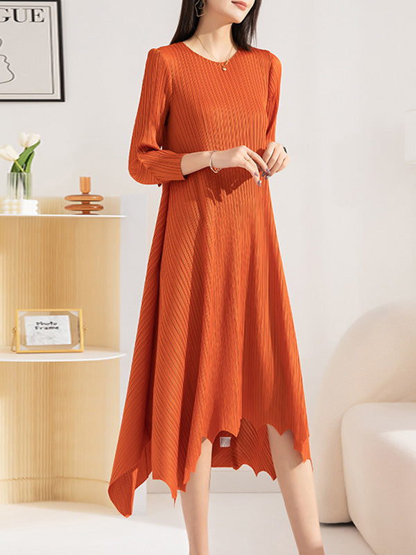 Irregular Clipping Loose Pleated Solid Color Round-Neck Midi Dresses